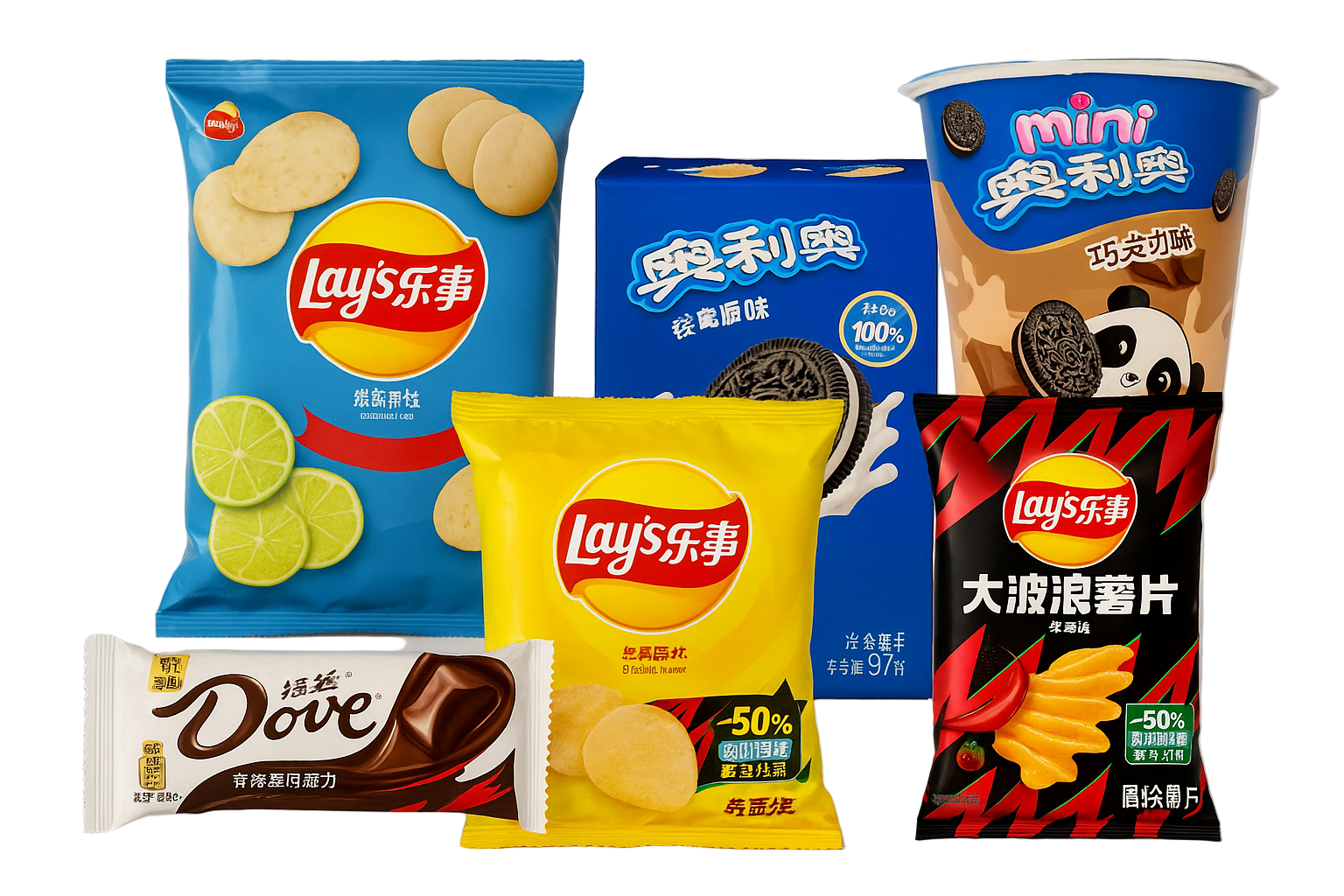 Collection of snack products including Lay's potato chips, Oreo cookies, Dove chocolate, and other branded items on a white background.
