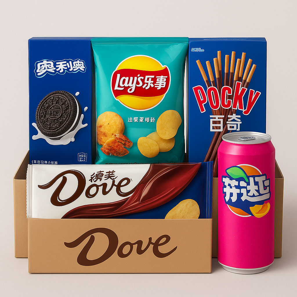 Assorted snacks including Oreo, Lay's chips, Pocky, and Dove chocolate in a box with a can of Fanta.